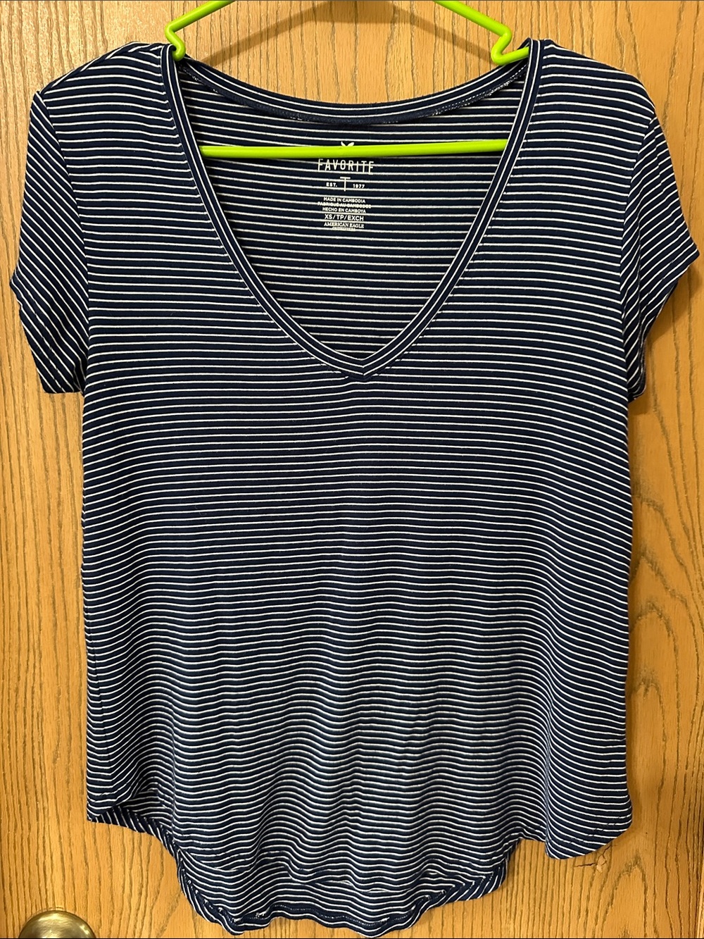 American Eagle Outfitters Navy and White Striped V-Neck Tee